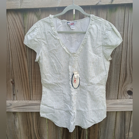 Roper Pale Green And White Ruffled Button Down Short Sleeve Women's Top - Picture 1 of 9